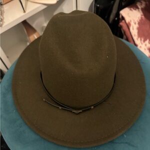 Fashion Nova Olive Green Felt Fedora with Leather Band
